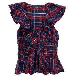 Ralph Lauren Plaid Western Ruched Ruffle Button Front Tank Top Blouse Size 6